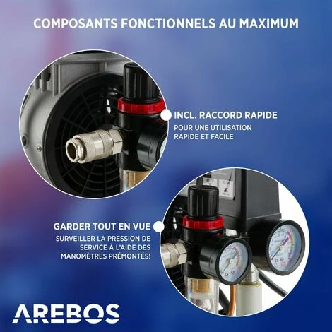 AREBOS Compresseur à Air Avec Cuve Sous Pression | 500 W | 12 L | Sans Huile 89 L - Argent – Image 3