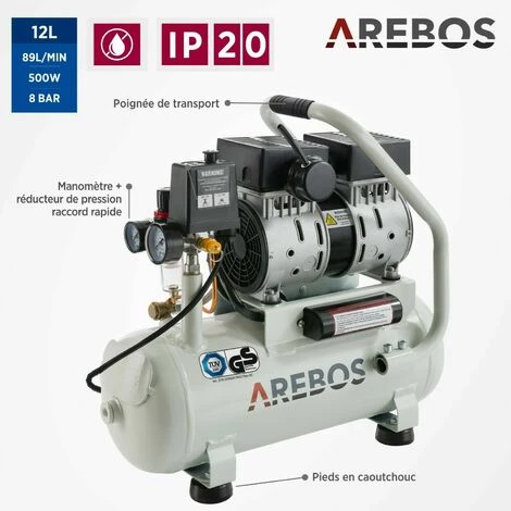 AREBOS Compresseur à Air Avec Cuve Sous Pression | 500 W | 12 L | Sans Huile 89 L - Argent – Image 5