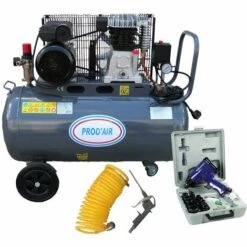 PRODAIR Compresseur 200 Litres 4 CV 10 Bars Lubrifié Courroie Sur Roues Avec Coffret Clé à Choc Et Accessoires De Gonflage