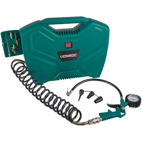 VONROC Compresseur Portable 1100W - 8 Bar - Sans Huile – 180L/m - 11 Accessoires Inclus