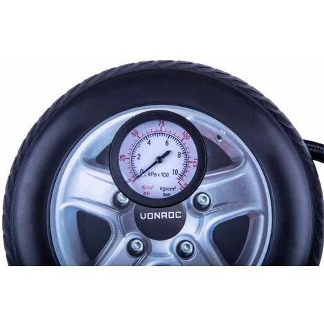 VONROC Mini Compresseur 12V - Prise Allume-cigare - 10 Bar Max., Débit De 12L/min - Mamomètre Et 3 Adaptateurs Inclus – Image 2