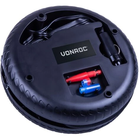 VONROC Mini Compresseur 12V - Prise Allume-cigare - 10 Bar Max., Débit De 12L/min - Mamomètre Et 3 Adaptateurs Inclus – Image 4