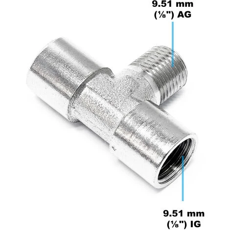 WILTEC Adaptateur Aérographe Pièce En T 2x Filetage Femelle 9,51mm 1x Filetage Mâle 9,51mm – Image 2