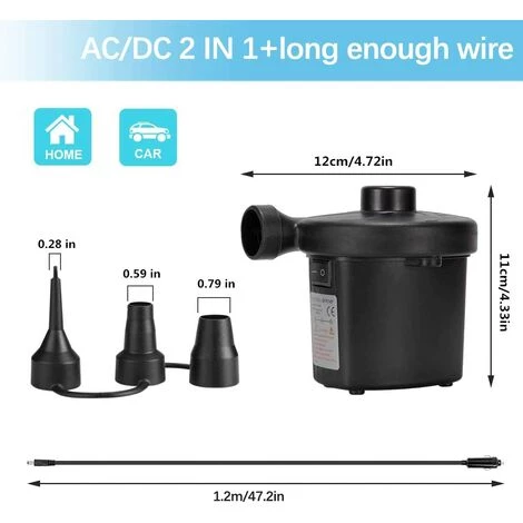 LITZEE Pompe à Air électrique , Pompe électrique Pour Maison Et Voiture , Pompe électrique De Gonflage Et De Dégonflage 2 En 1 Avec 3 Buses D'air – Image 2