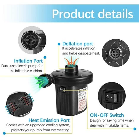 LITZEE Pompe à Air électrique , Pompe électrique Pour Maison Et Voiture , Pompe électrique De Gonflage Et De Dégonflage 2 En 1 Avec 3 Buses D'air – Image 3