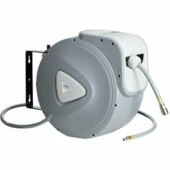 AREBOS Tuyau à Air Comprimé | 30 M | Support Mural | Raccord Rapide 1-4" | Résistant Aux UV | Pivotant à 180° | Avec Support De Montage - Gris