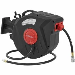 AREBOS Tuyau à Air Comprimé - 15 M - Support Mural - Raccord Rapide 1/4" - Résistant Aux UV - Pivotant à 180° - Avec Support De Montage - Noir / Rouge