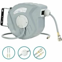 AREBOS Tuyau à Air Comprimé - 10 M - Support Mural - Raccord Rapide 1-4" - Résistant Aux UV - Pivotant à 180° - Avec Support De Montage - Gris