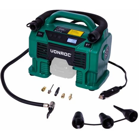 VONROC Compresseur à Batterie 20V Et Prise Allume-cigare 12V VPower – 11 Bar - 8 Accessoires Inclus (sans Batterie, Ni Chargeur)