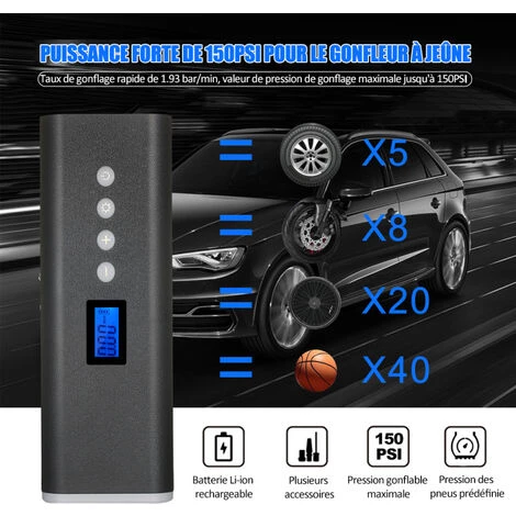 ASUPERMALL 150PSI 2000mAh Gonfleur De Pneu Portable, Compresseur D'Air, Pompe à Pneu Avec écran LCD Et Lumière LED Et 4 Buses Pour Balle, Pneus De Vélo De Voiture Et Autres Gonflables â Image 3