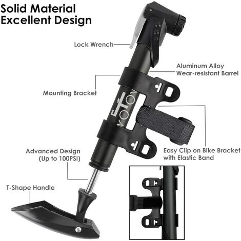 THSINDE Mini Pompe à Vélo à Double Entrée, Pompe à Vélo Portable Adaptée à Presta Et Schrader, Avec Kit De Réparation, Lime En Métal, Démonte-pneu, Patch De Pneu Sans Caoutchouc, Adapté Au Type De Cadre Cadeau BMX Route Et Montagne – Image 2