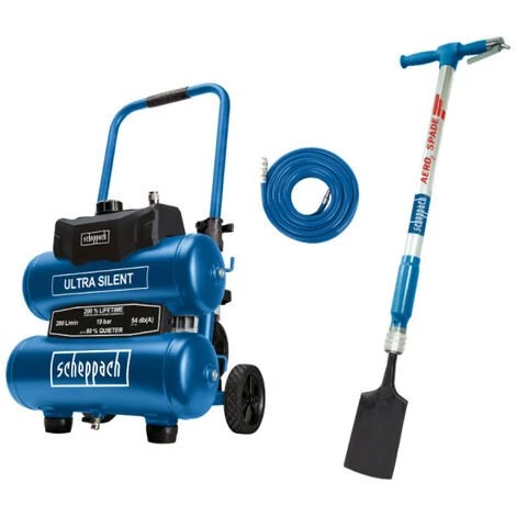 Pack SCHEPPACH Beche Pneumatique 5 En 1 - AERO2SPADE - Compresseur Super Silencieux - 2 X 10L - 750W - HC20Si-Twin - Tuyau En Caoutchouc Renforcé