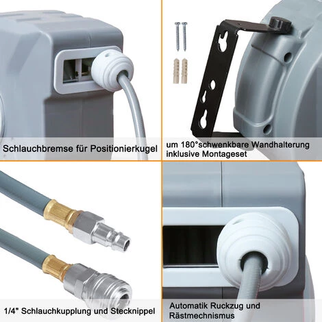 Hengda Dévidoir Mural Automatique Raccord Rapide 1/4 " Enrouleur Avec Tuyau D'arrosage. Raccord Fournis 10+1 M - Gris – Image 3