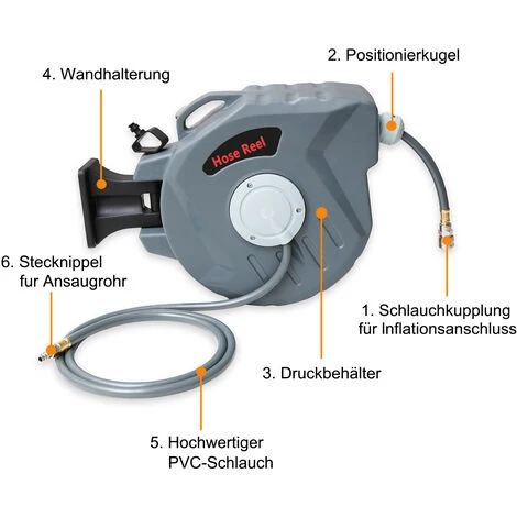 SWANEW Enrouleur De Tuyau à Air Comprimé - Enrouleur Automatique De Tuyau Pneumatique, Enrouleur Avec Tuyau - Dévidoir Automatique Avec Embrayage 20+2 M - Gris - Gris – Image 2