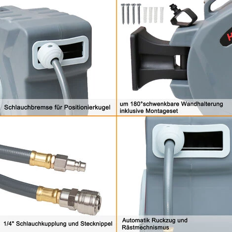 SWANEW Enrouleur De Tuyau à Air Comprimé - Enrouleur Automatique De Tuyau Pneumatique, Enrouleur Avec Tuyau - Dévidoir Automatique Avec Embrayage 20+2 M - Gris - Gris – Image 3