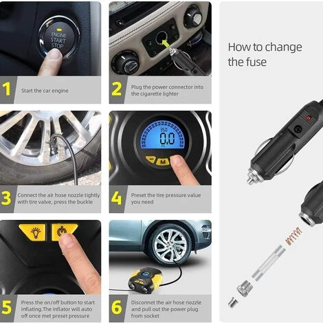 MATTIAS Compresseur à Air Portable Gonfleur Electrique Gonfleur Pneu Voiture Mini Compresseur 12v Portatif Voiture Pompe A Velo Avec Manomètre, Adaptateurs De Valve Et éclairage LED (jaune) – Image 3