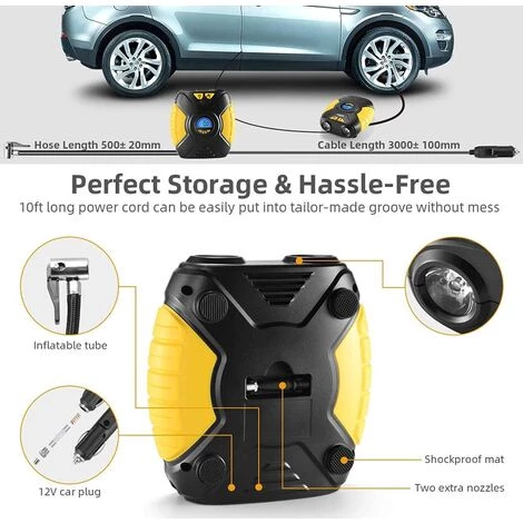 MATTIAS Compresseur à Air Portable Gonfleur Electrique Gonfleur Pneu Voiture Mini Compresseur 12v Portatif Voiture Pompe A Velo Avec Manomètre, Adaptateurs De Valve Et éclairage LED (jaune) – Image 5